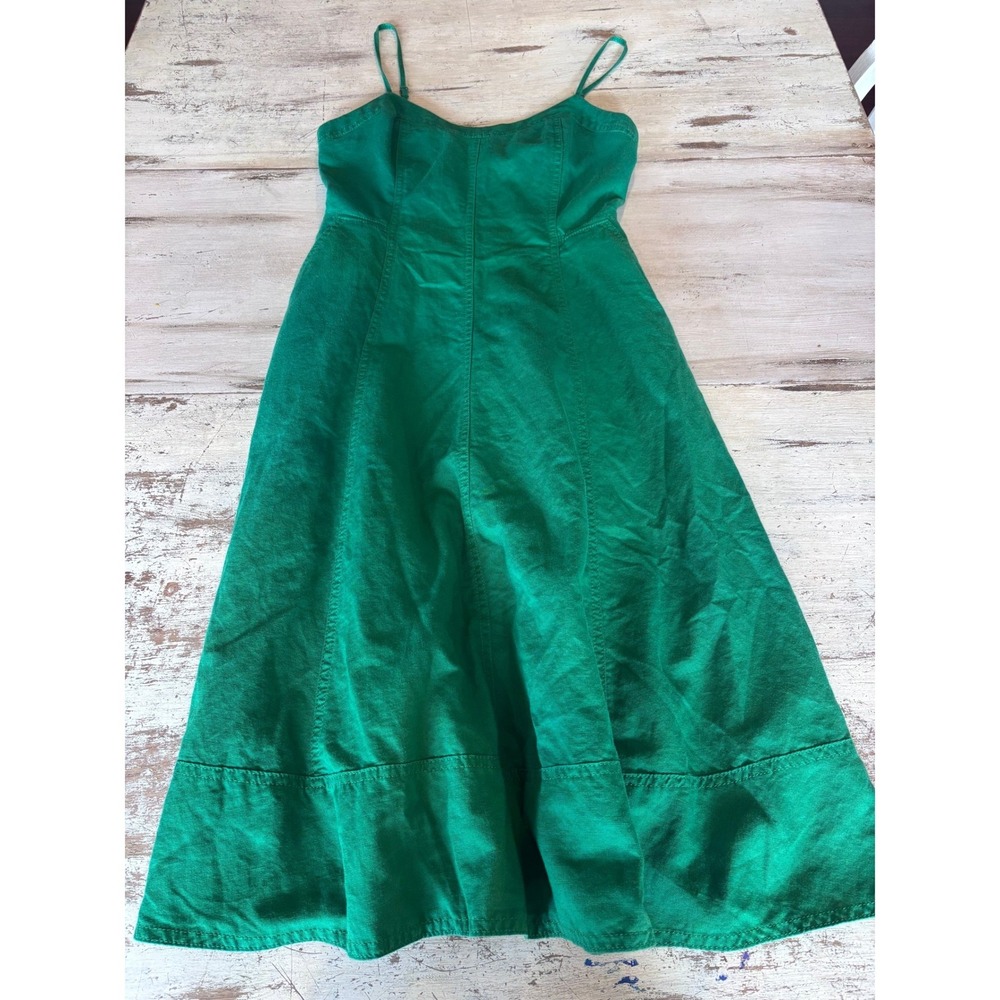 BANANA REPUBLIC midi dress women size 2 green linen blend smocked back pockets - Picture 2 of 11